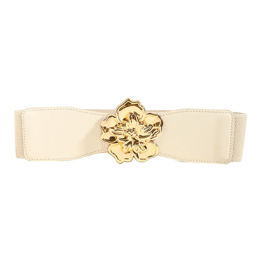 Elegant Women's Stretch Elastic Belt Metal Large Flower Needle Buckle Decorated Dress Shirt Waist Belt