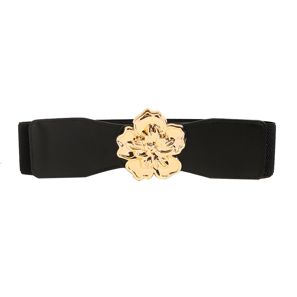 Elegant Women's Stretch Elastic Belt Metal Large Flower Needle Buckle Decorated Dress Shirt Waist Belt