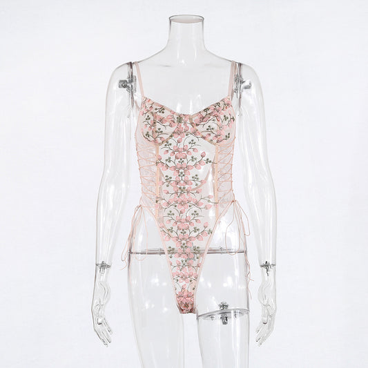 Women's Mesh See-through Embroidery Strappy Bodysuit