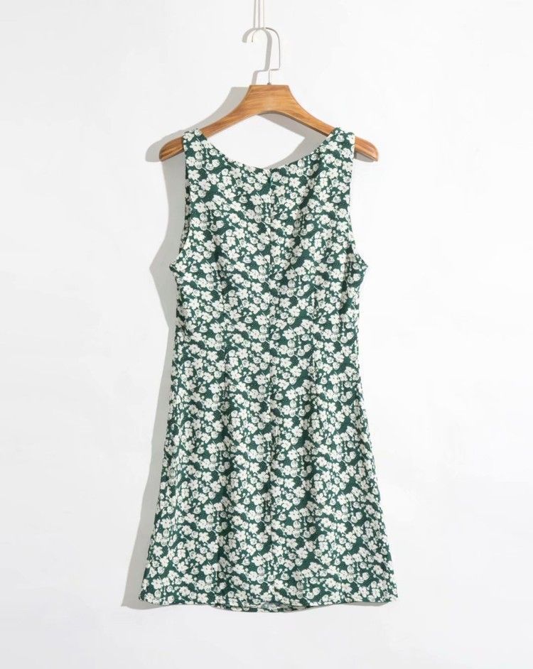 A-line Skirt Dress with Printed Sleeve Round Neck Split Skirt