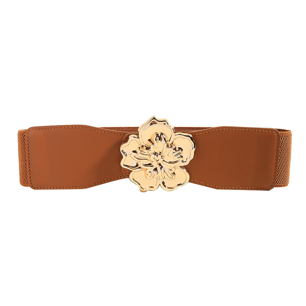 Elegant Women's Stretch Elastic Belt Metal Large Flower Needle Buckle Decorated Dress Shirt Waist Belt
