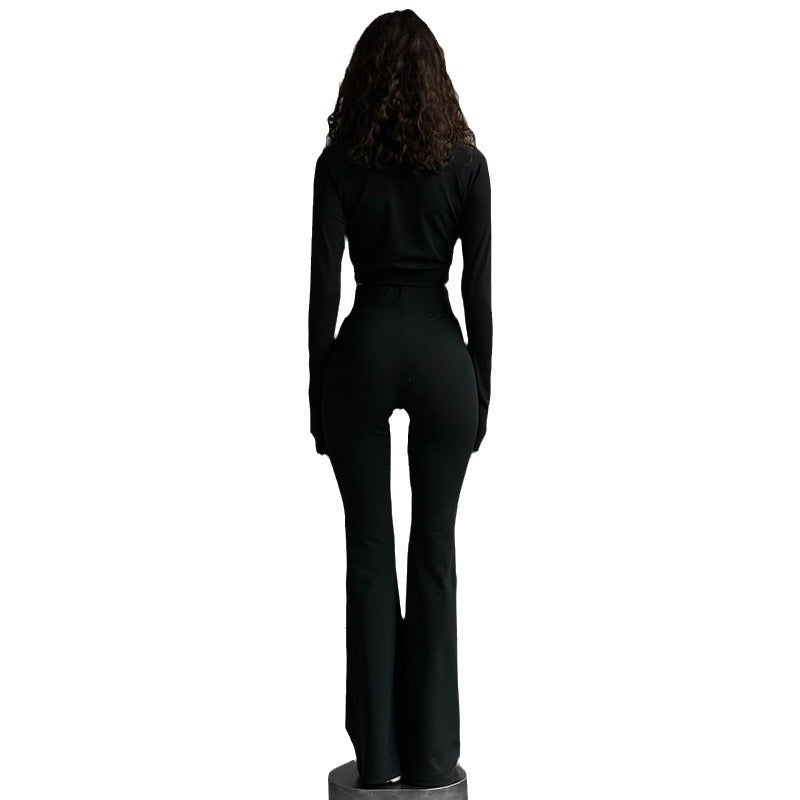 Solid Color Short Zip Long Sleeve Coat Trousers Sports Suit