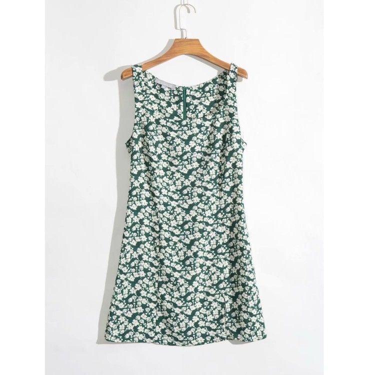 A-line Skirt Dress with Printed Sleeve Round Neck Split Skirt