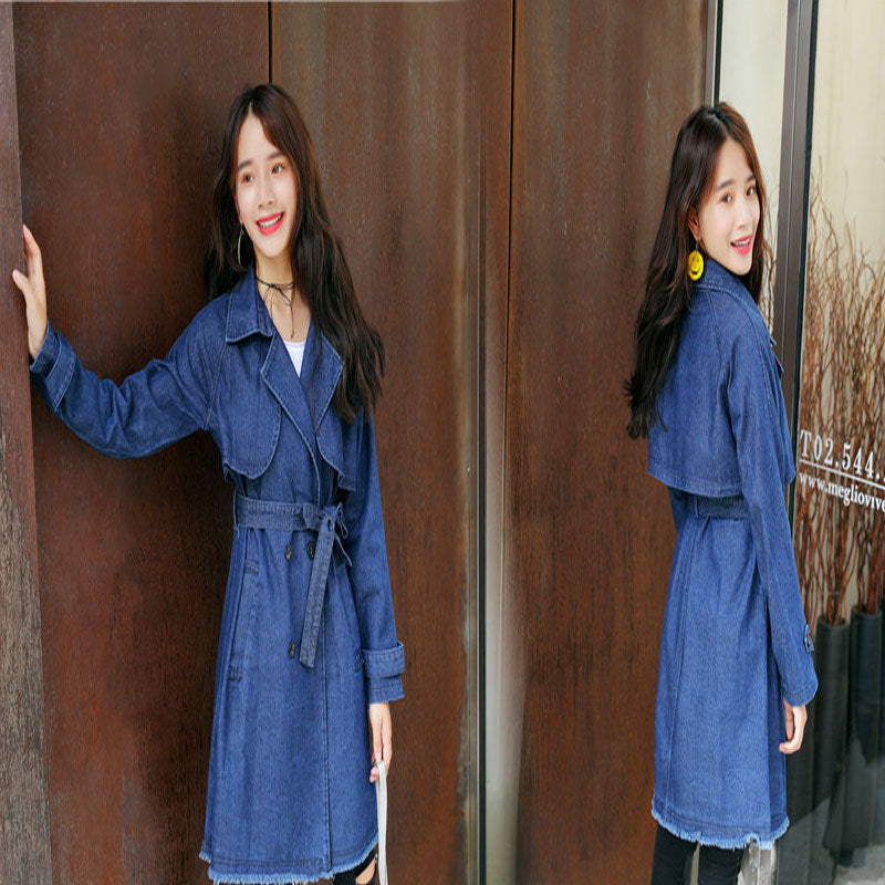 Casual windbreaker jacket women's long-sleeved mid-length denim belted skirt