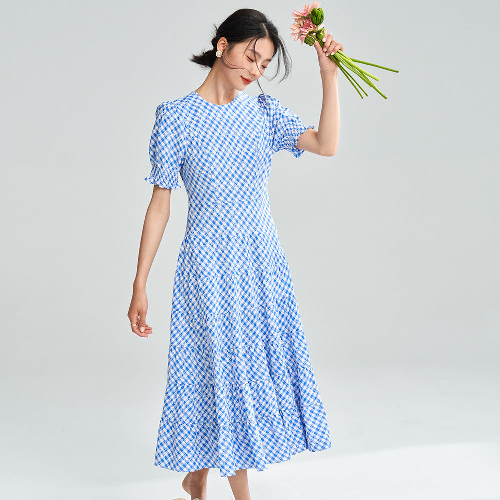 New Blue And White Plaid Elegant Waist-tight Dress Women