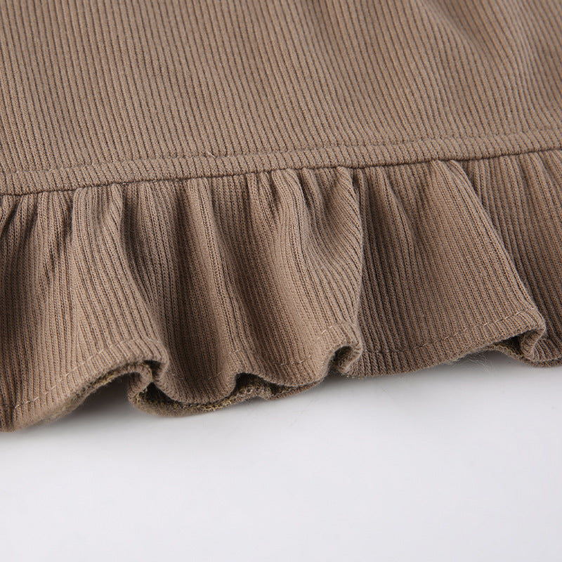 Women's Skinny Panel Lace-Up Brown Ruffle Pack Hip Skirt