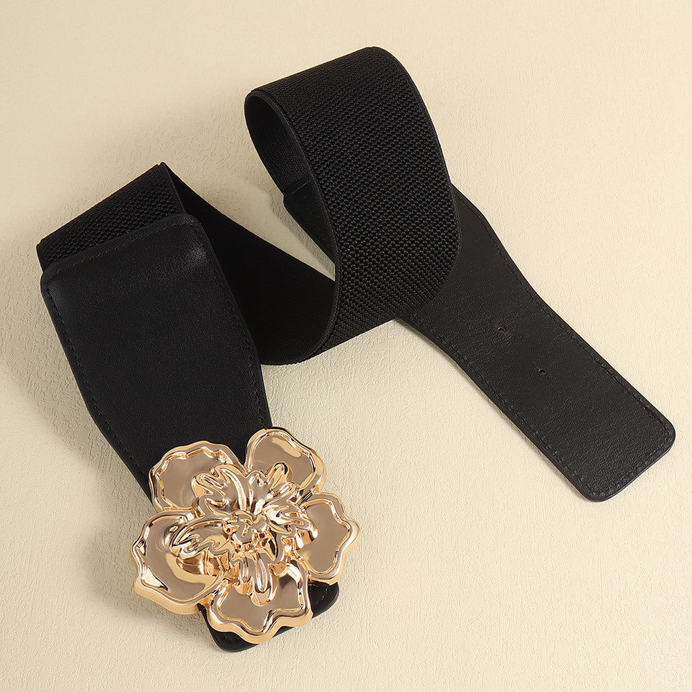 Elegant Women's Stretch Elastic Belt Metal Large Flower Needle Buckle Decorated Dress Shirt Waist Belt