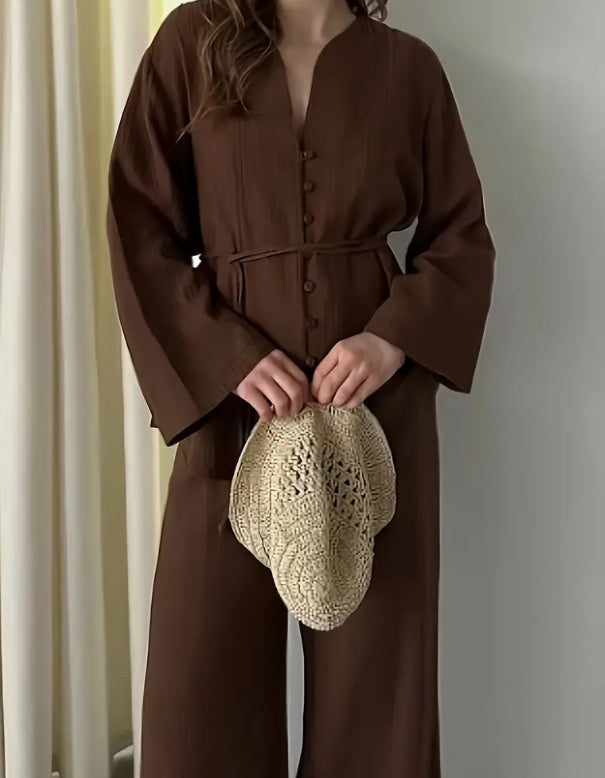 Coffee Colored Solid Color Elegant Two-piece Set