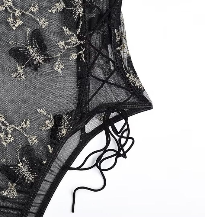 Butterfly Lace Bodysuit – Elegant Short Sleeve Women’s Pullover