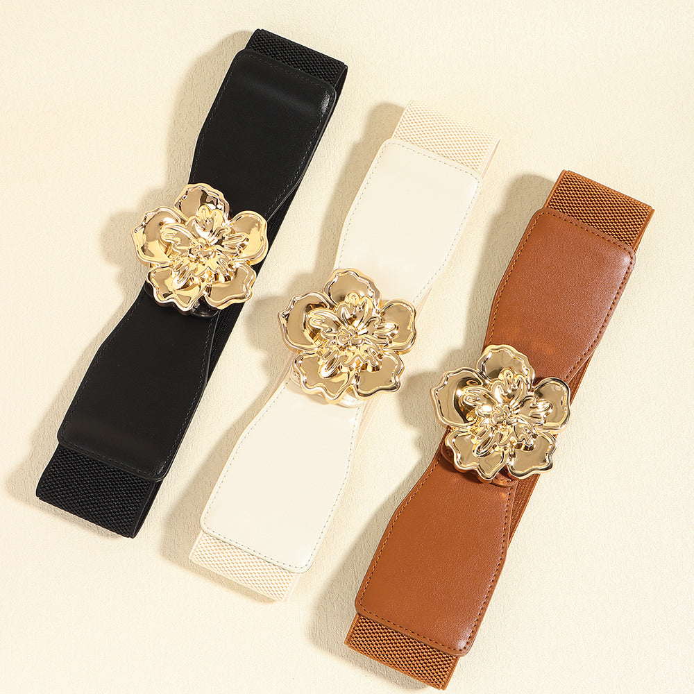 Elegant Women's Stretch Elastic Belt Metal Large Flower Needle Buckle Decorated Dress Shirt Waist Belt