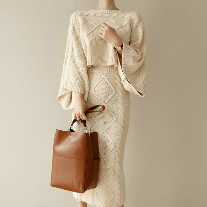 Bat sleeve sweater knitted skirt suit skirt