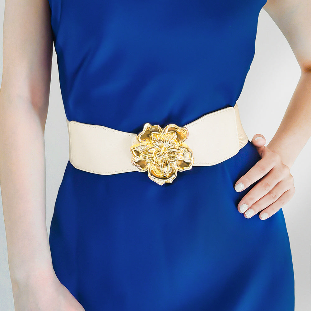 Elegant Women's Stretch Elastic Belt Metal Large Flower Needle Buckle Decorated Dress Shirt Waist Belt