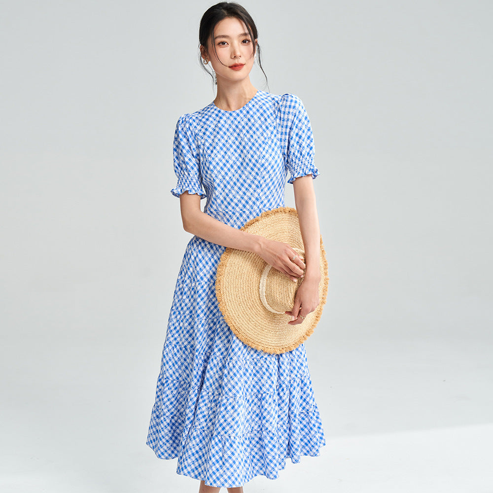 New Blue And White Plaid Elegant Waist-tight Dress Women