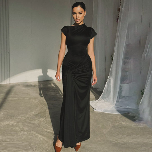 Elegant Slim Fit Pleated Lace-up Short Sleeve Dress