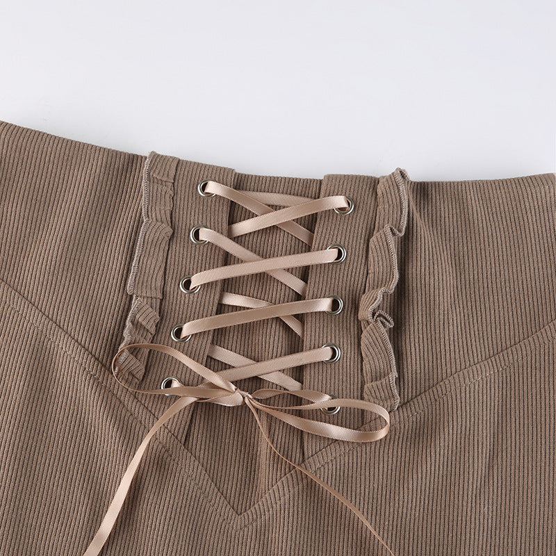 Women's Skinny Panel Lace-Up Brown Ruffle Pack Hip Skirt