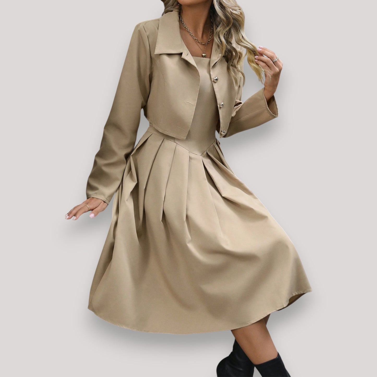 Chic Spaghetti Strap Pleated Dress & Jacket Set – Classy Women’s Outfit