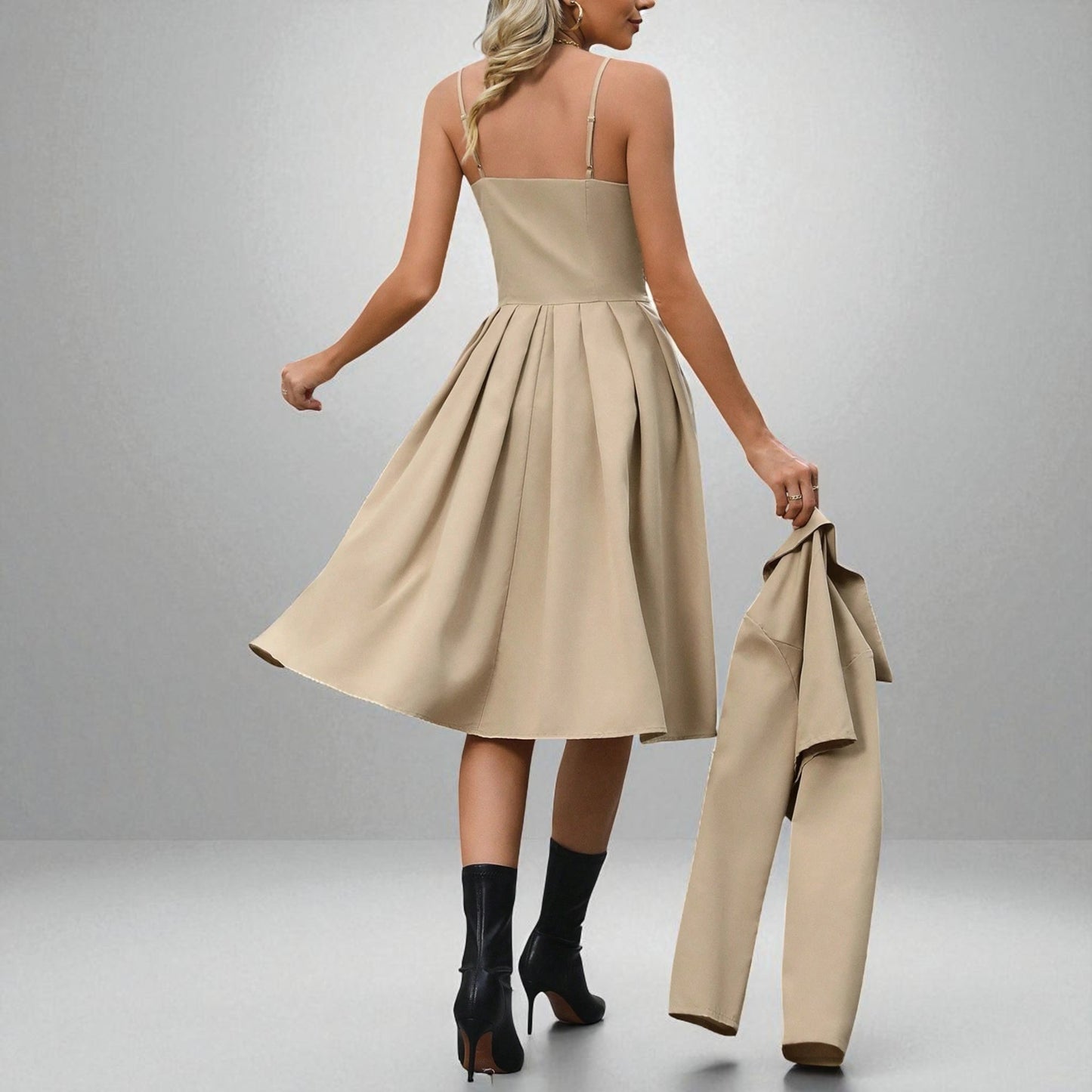 Chic Spaghetti Strap Pleated Dress & Jacket Set – Classy Women’s Outfit