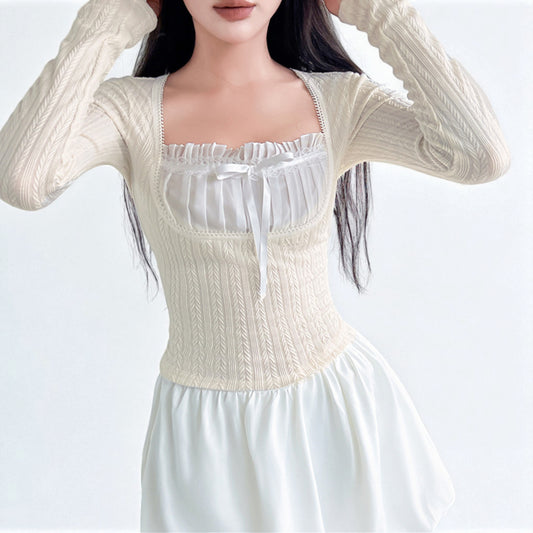 French Pure Desire Cream White Knit Long Sleeve Top – Sweet Ruffle Bow Pullover for Women