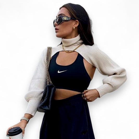 Trendy Women’s Knitted Crop Sweater – High Neck, Puff Sleeve Pullover