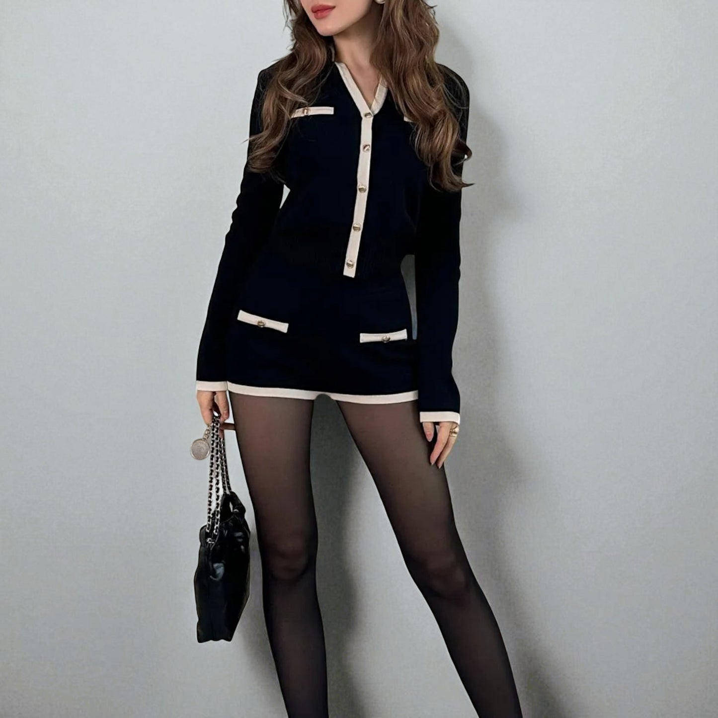 Women’s Long Sleeve Core-Spun Yarn Two-Piece Set – Elegant Work & Smart Casual Blouse with Matching Shorts