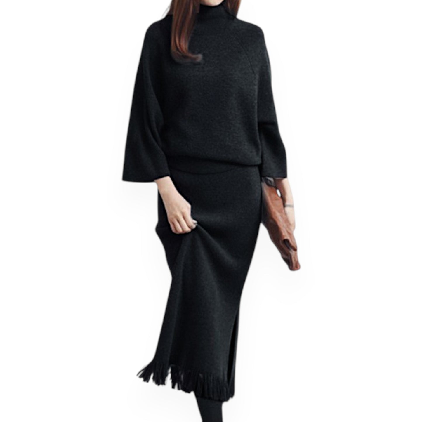 Women’s Knit Sweater & Long Skirt Set – Two-Piece Polyester Outfit for Office & Casual Wear