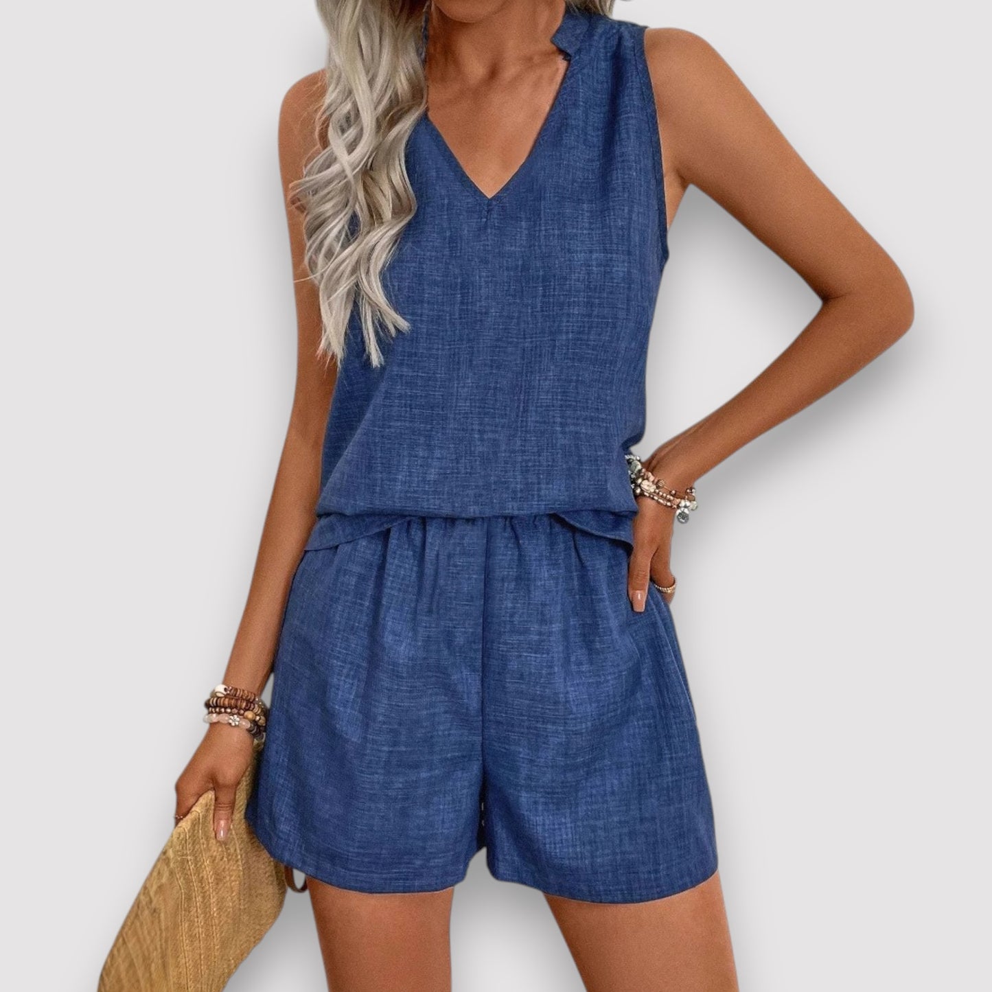 Women’s Blue Sleeveless Blouse & Shorts Set – Chic Summer Outfit, Elegant Casual Two-Piece