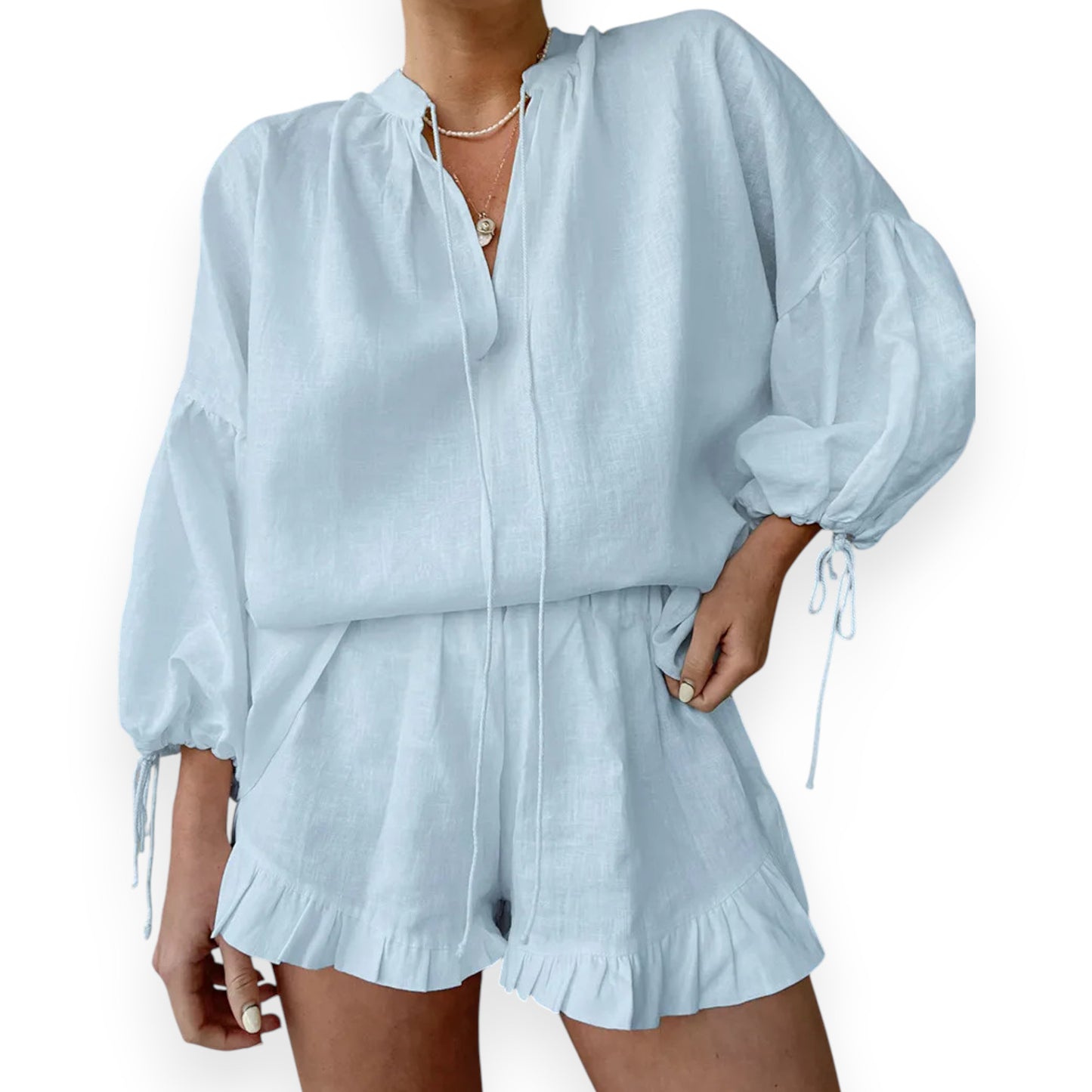 Lace-up Suits Loose V-neck Lantern Sleeve Top And Ruffles Shorts Solid Two-piece Set Womens Clothing