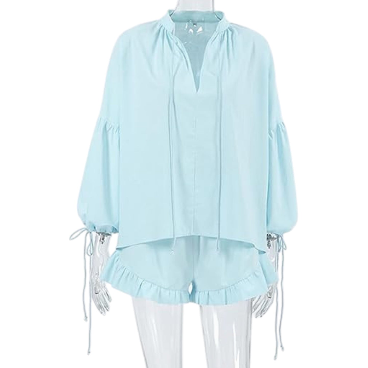 Lace-up Suits Loose V-neck Lantern Sleeve Top And Ruffles Shorts Solid Two-piece Set Womens Clothing