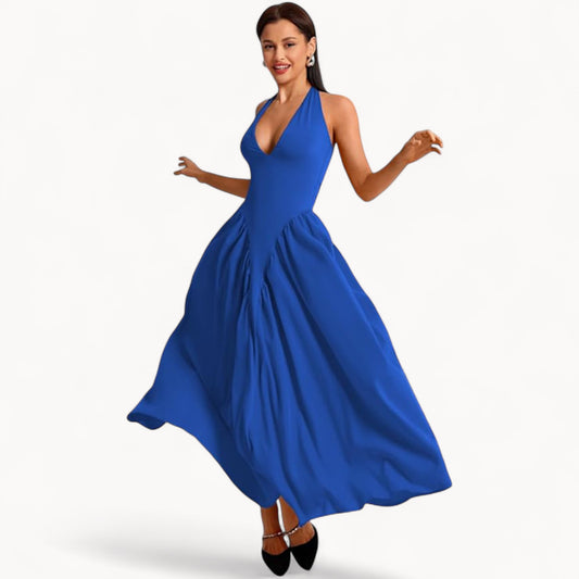 Women’s Fashion Long Summer Dress – Deep V Neck, Spliced Halter, Open Back Evening & Beach Dress