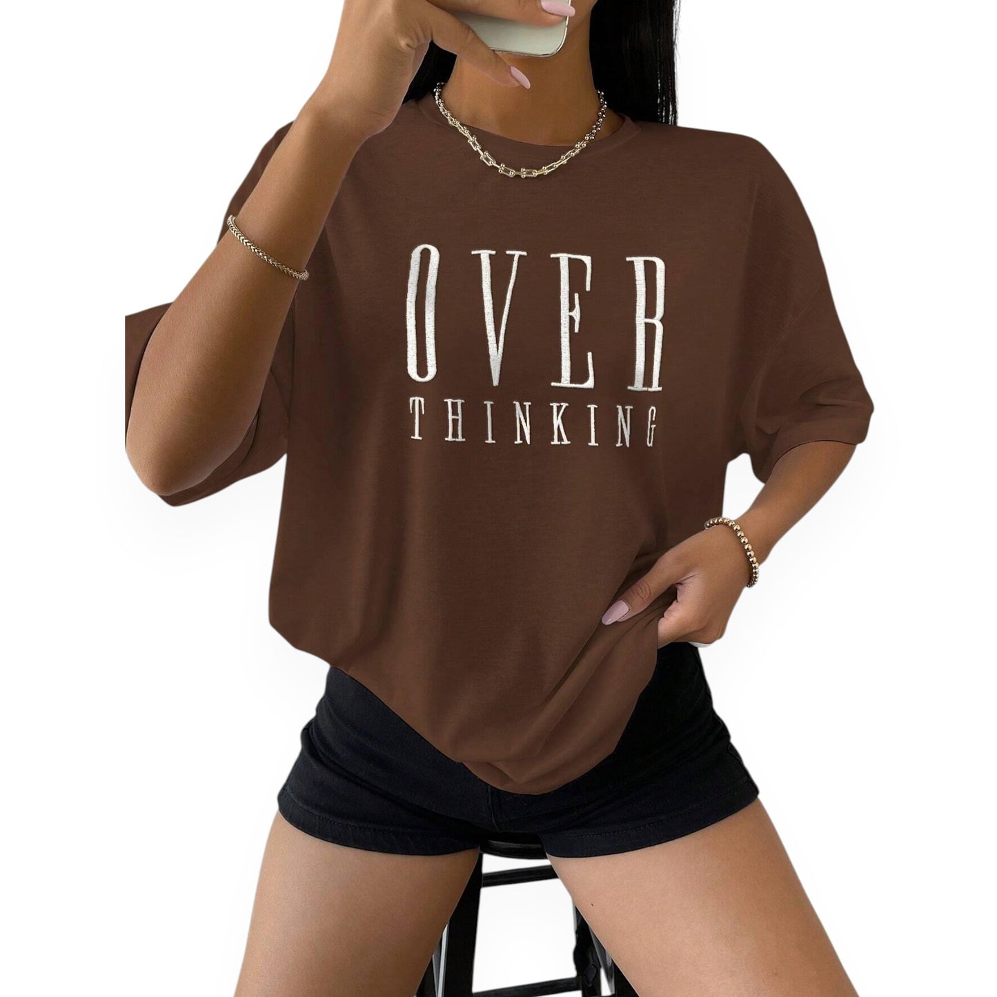 Women’s Graphic Short Sleeve T-Shirt – “Overthinking” Letter Print Loose Fit Casual Tee Top