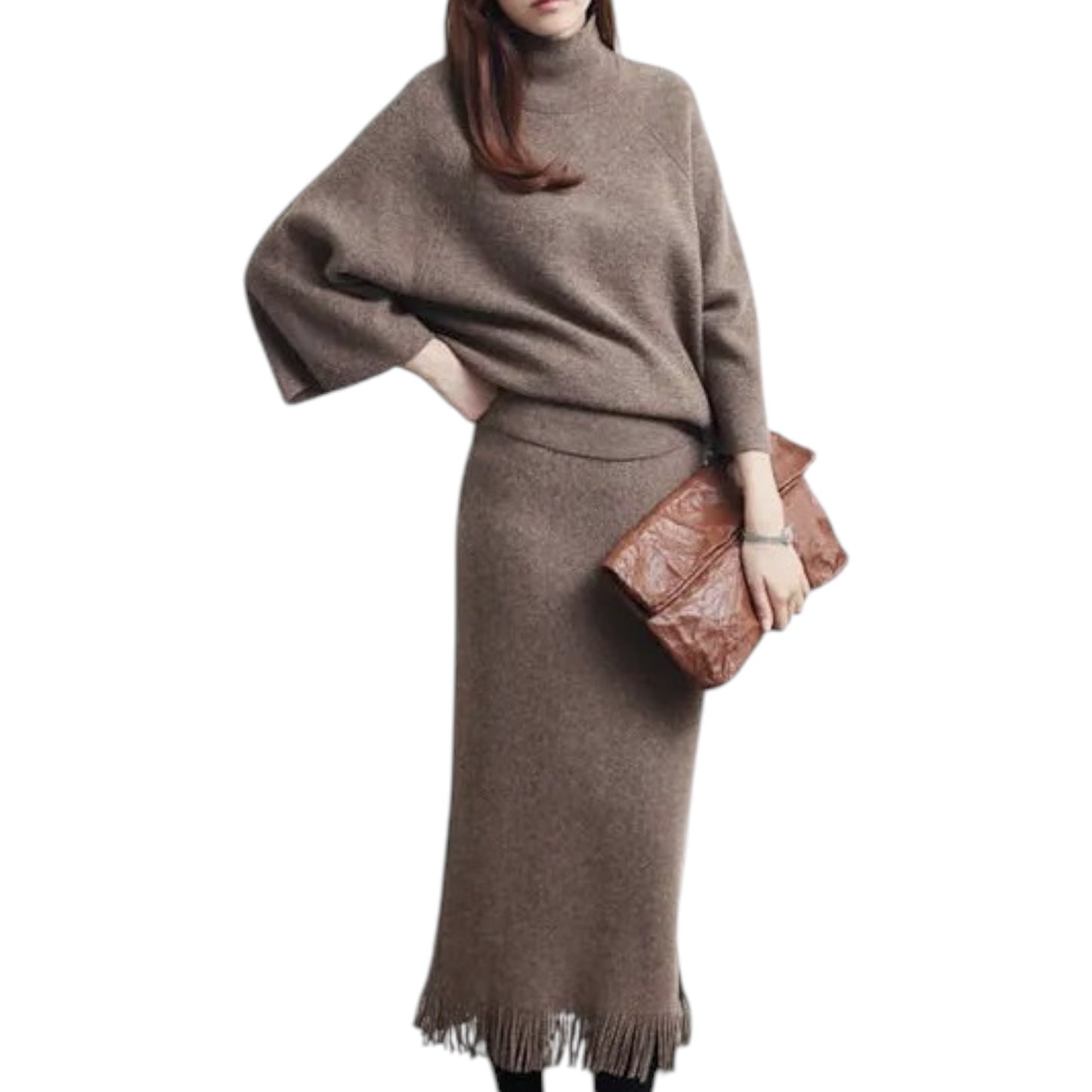 Women’s Knit Sweater & Long Skirt Set – Two-Piece Polyester Outfit for Office & Casual Wear