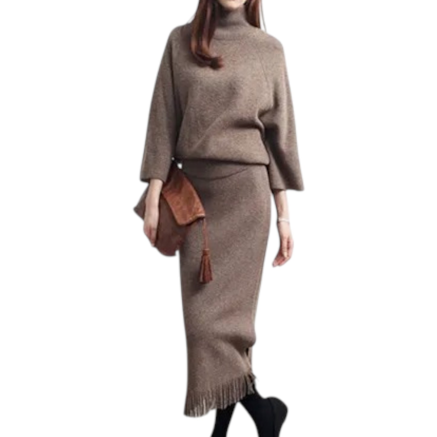 Women’s Knit Sweater & Long Skirt Set – Two-Piece Polyester Outfit for Office & Casual Wear