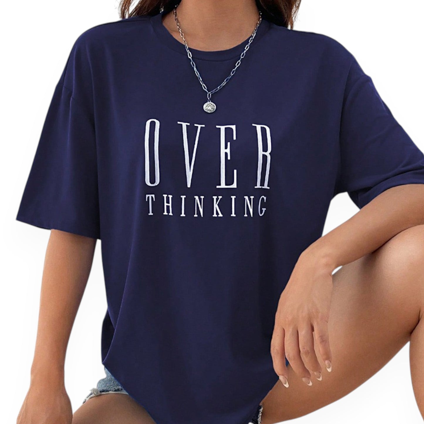 Women’s Graphic Short Sleeve T-Shirt – “Overthinking” Letter Print Loose Fit Casual Tee Top