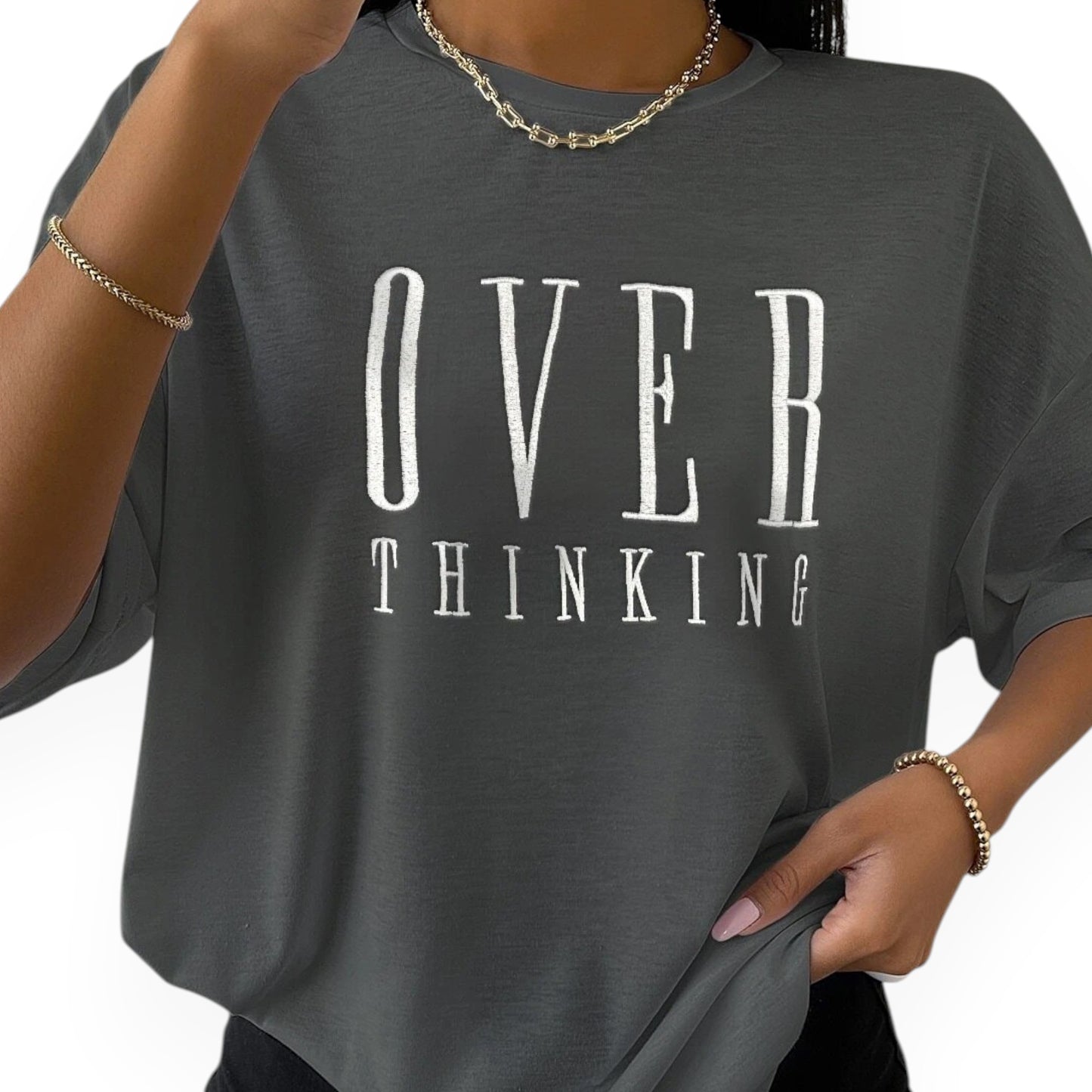 Women’s Graphic Short Sleeve T-Shirt – “Overthinking” Letter Print Loose Fit Casual Tee Top