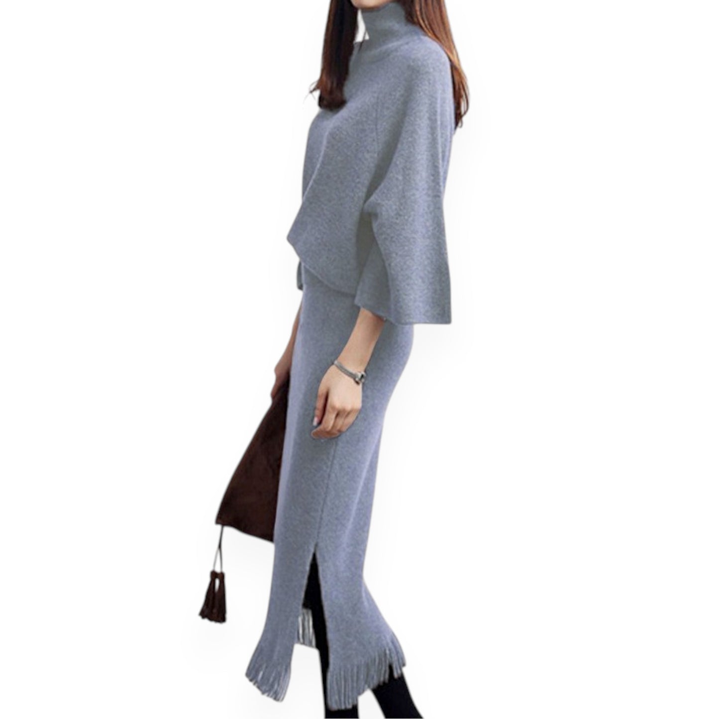 Women’s Knit Sweater & Long Skirt Set – Two-Piece Polyester Outfit for Office & Casual Wear