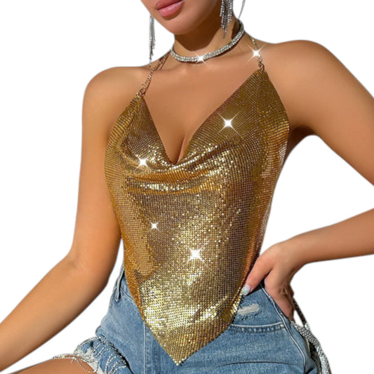 Women Sexy Metallic Chain Top - Sequin Rhinestone Backless Crop Outfit Sparkly EDM Party Club Night Tank Shirt