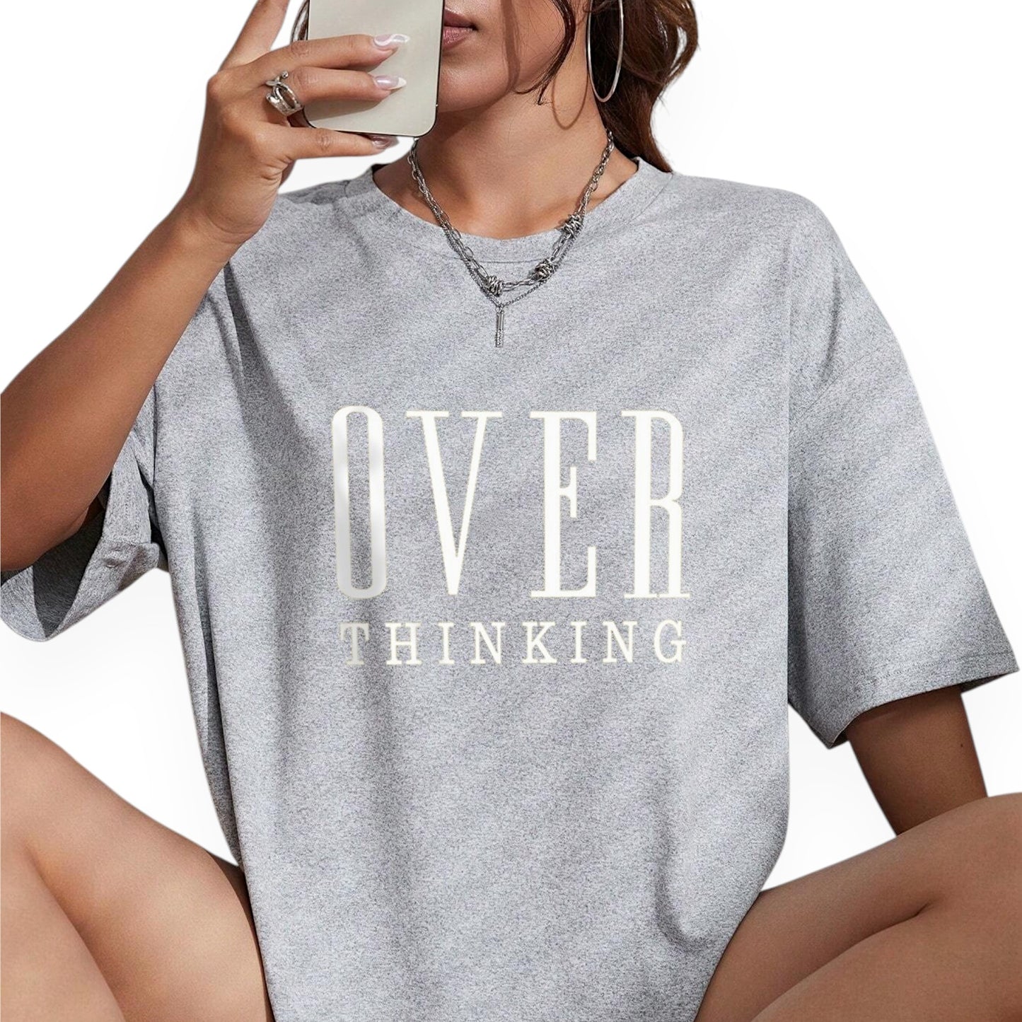 Women’s Graphic Short Sleeve T-Shirt – “Overthinking” Letter Print Loose Fit Casual Tee Top