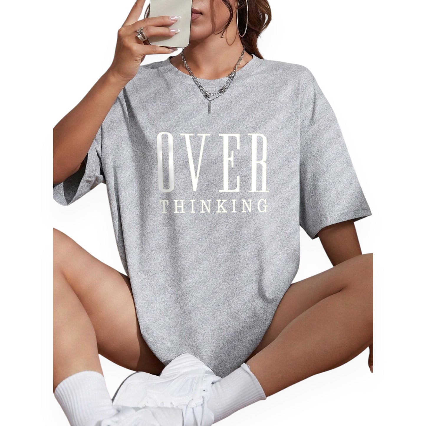Women’s Graphic Short Sleeve T-Shirt – “Overthinking” Letter Print Loose Fit Casual Tee Top