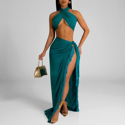 Women’s Evening Party Outfit – Sleeveless Crop Top & Maxi Skirt Set