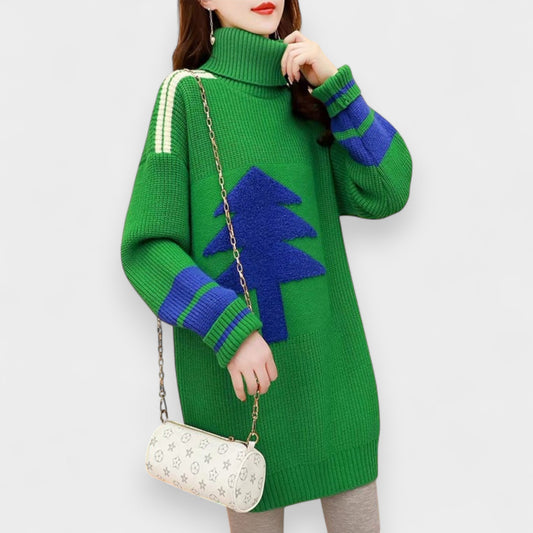 Women’s Christmas Print Mid-Length Knitted Turtleneck Sweater Dress – Korean Style Pullover