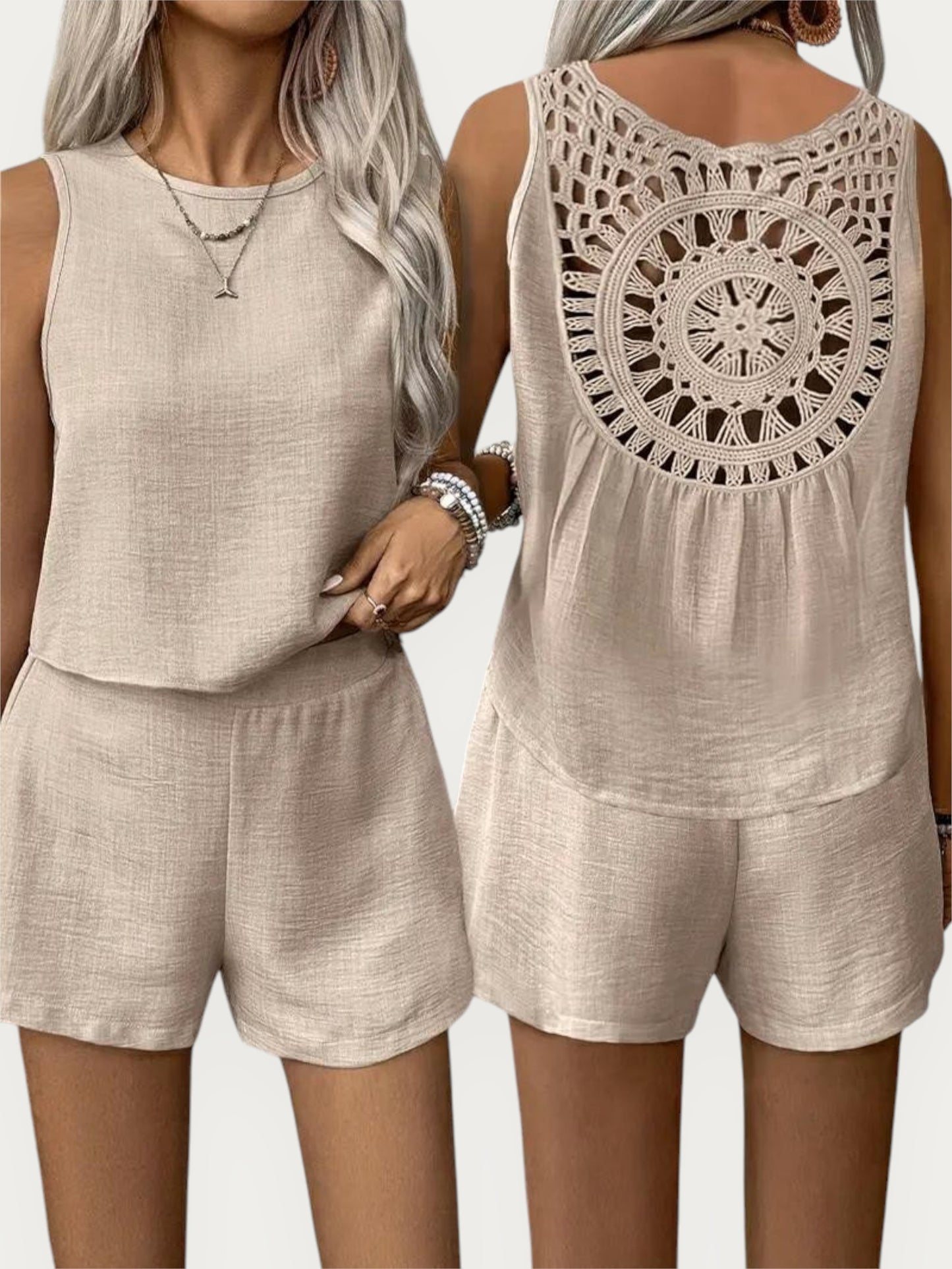 Women’s Sleeveless Hollow Out Blouse & Shorts Set – Chic Two-Piece Summer Outfit