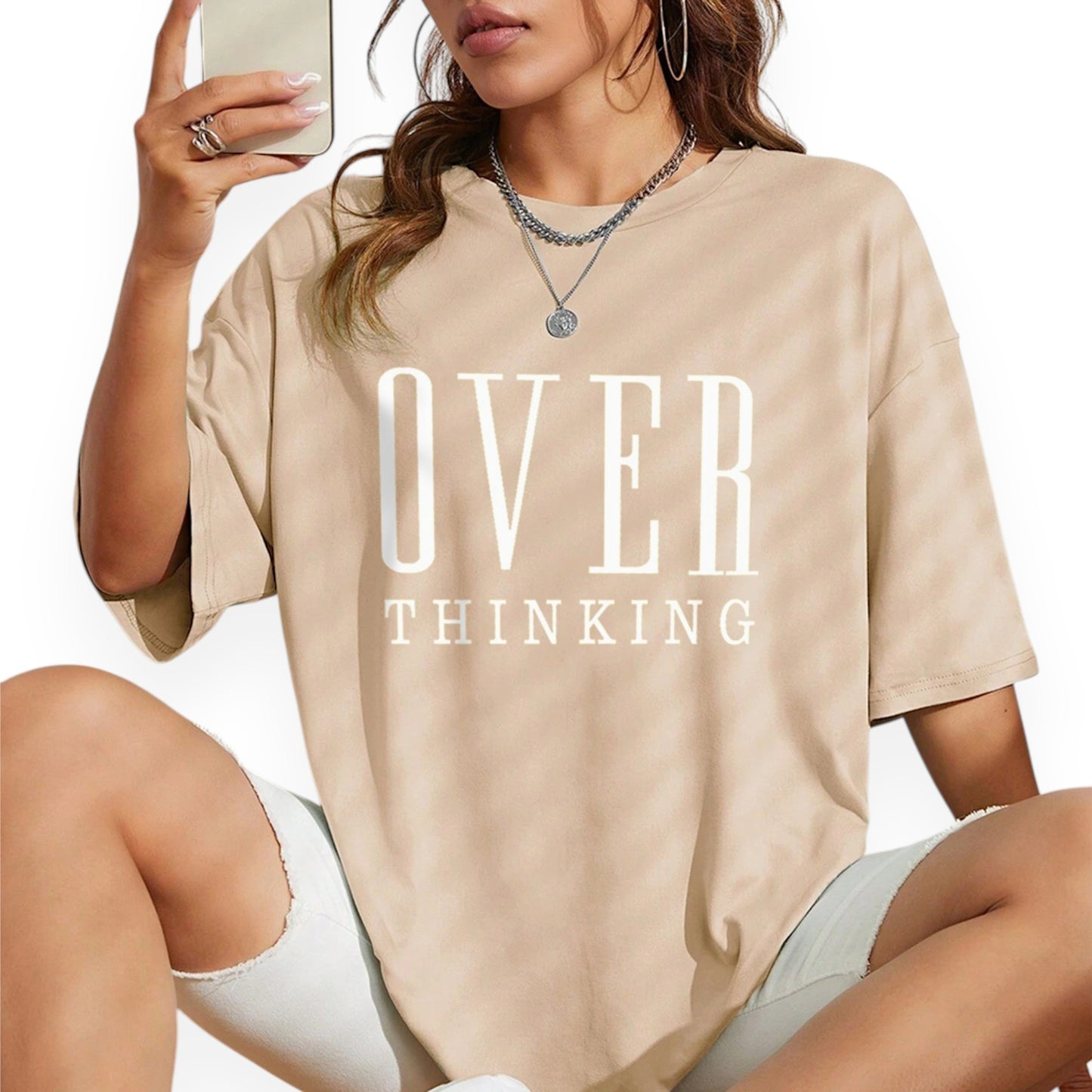 Women’s Graphic Short Sleeve T-Shirt – “Overthinking” Letter Print Loose Fit Casual Tee Top