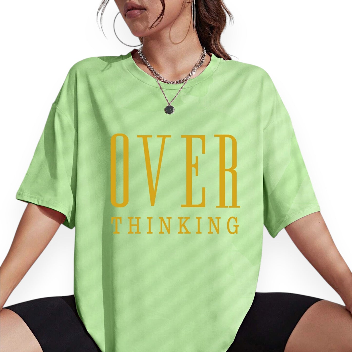Women’s Graphic Short Sleeve T-Shirt – “Overthinking” Letter Print Loose Fit Casual Tee Top