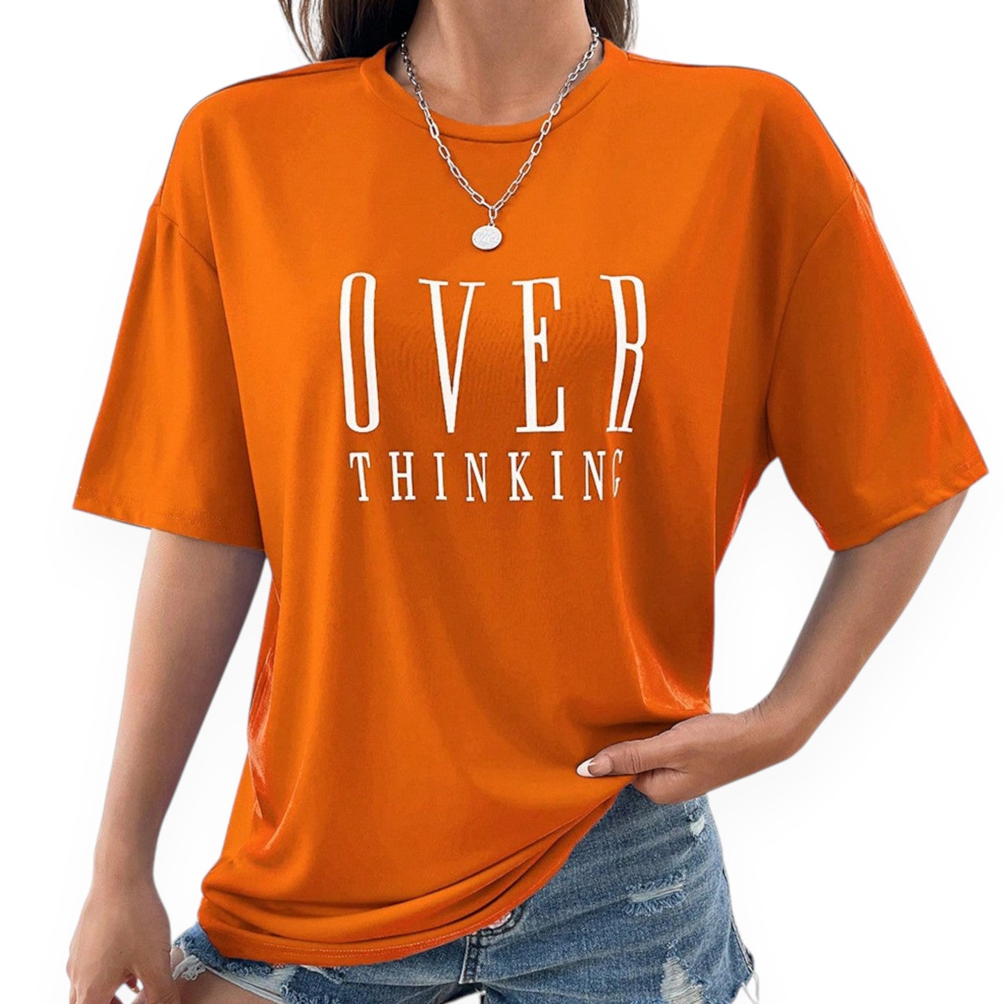 Women’s Graphic Short Sleeve T-Shirt – “Overthinking” Letter Print Loose Fit Casual Tee Top