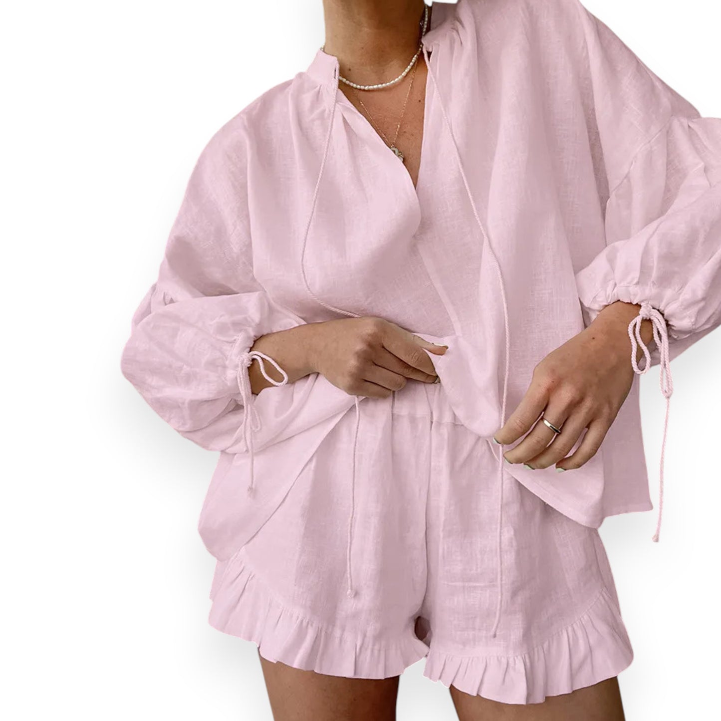 Lace-up Suits Loose V-neck Lantern Sleeve Top And Ruffles Shorts Solid Two-piece Set Womens Clothing