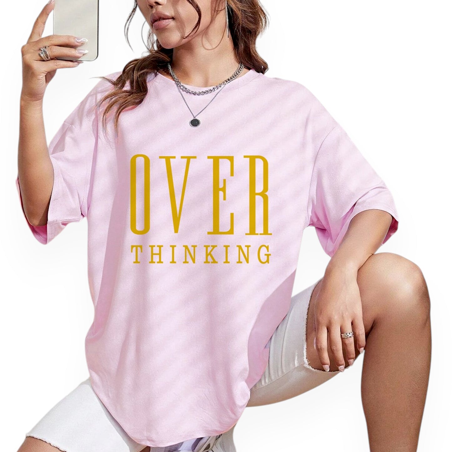 Women’s Graphic Short Sleeve T-Shirt – “Overthinking” Letter Print Loose Fit Casual Tee Top