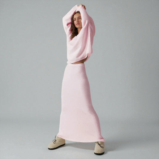 Women’s Knitted Sweater Skirt Set – Elegant V-Neck Long Sleeve Two-Piece Outfit for Fall & Winter