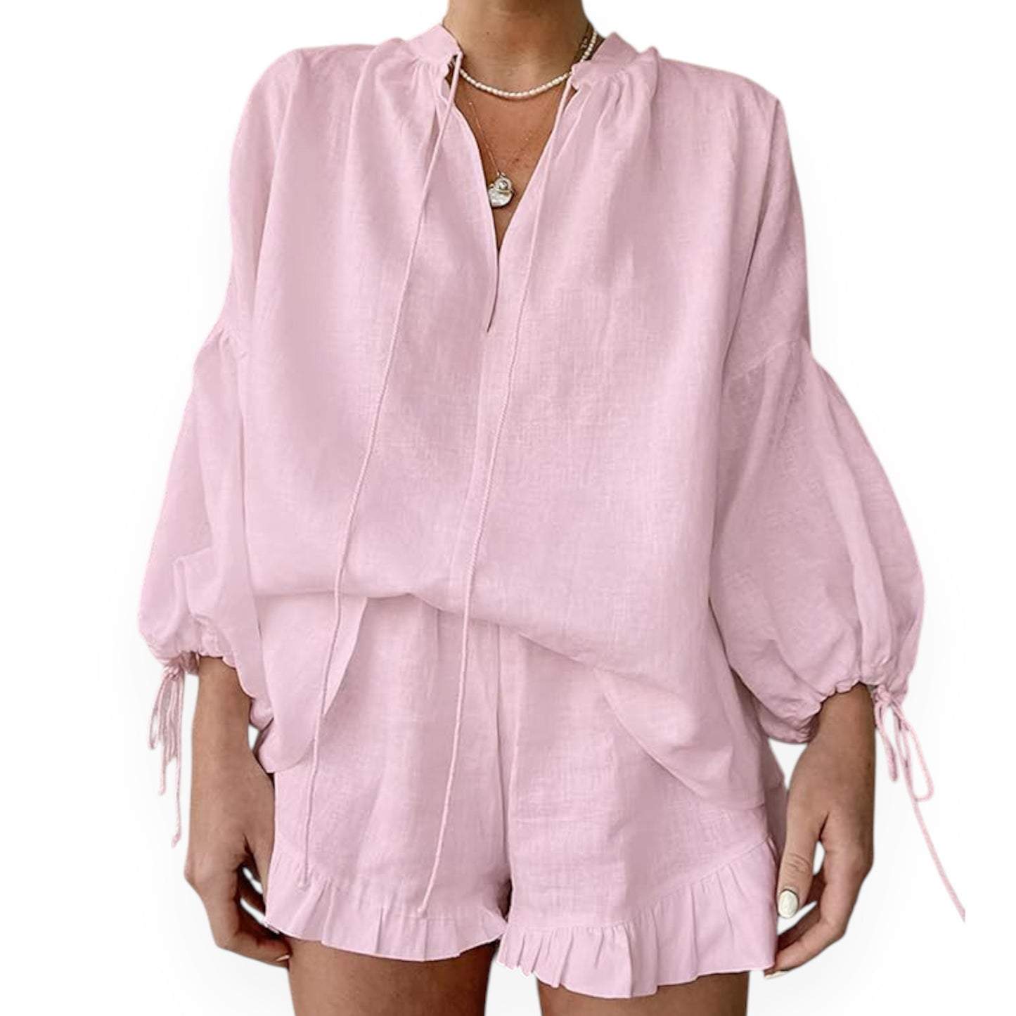 Lace-up Suits Loose V-neck Lantern Sleeve Top And Ruffles Shorts Solid Two-piece Set Womens Clothing