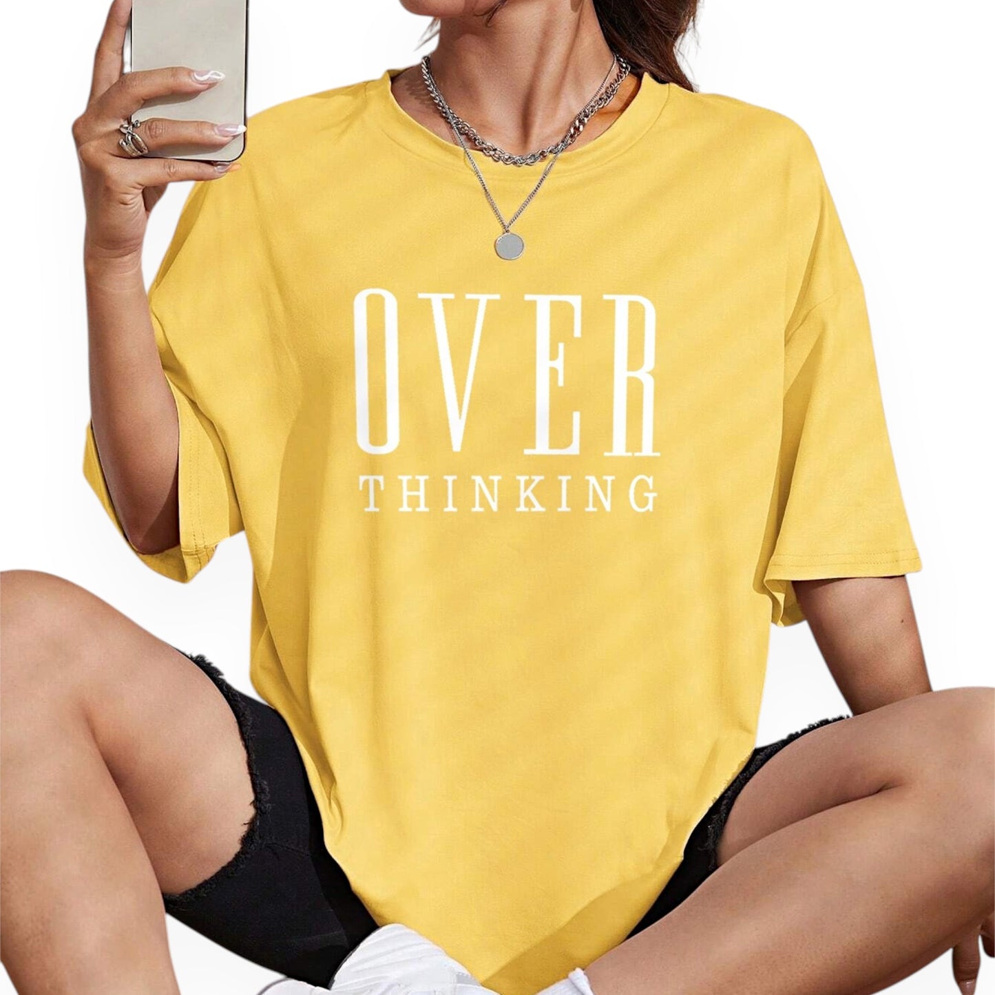 Women’s Graphic Short Sleeve T-Shirt – “Overthinking” Letter Print Loose Fit Casual Tee Top