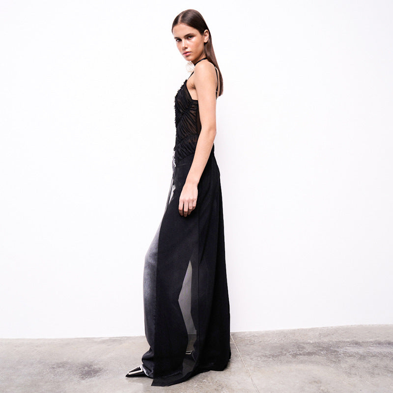 Summer New Pure Color Mesh Sling Tied Top